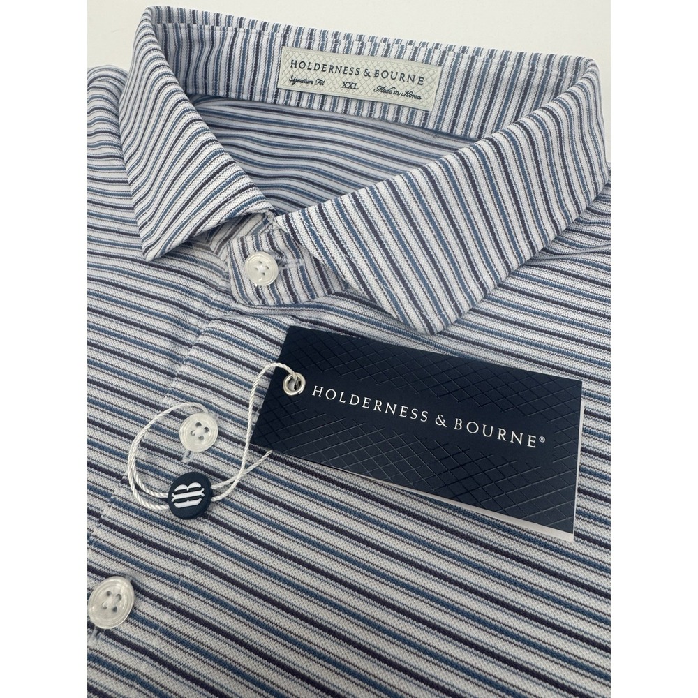 NWT Holderness & Bourne The Bagley Blue Striped Golf Polo Shirt Men's XXL $118